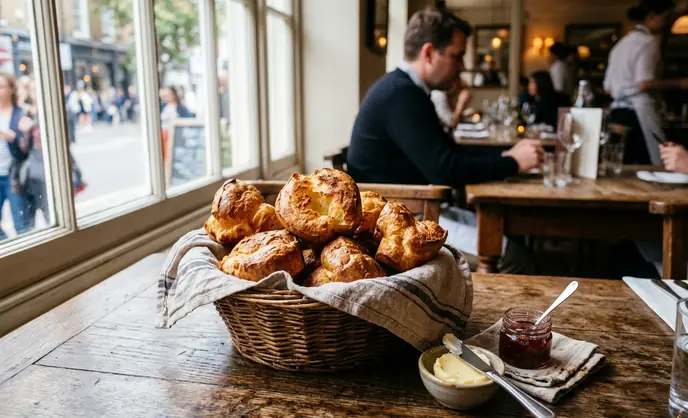 Basket of golden popovers on a wooden table in a restaurant setting, natural